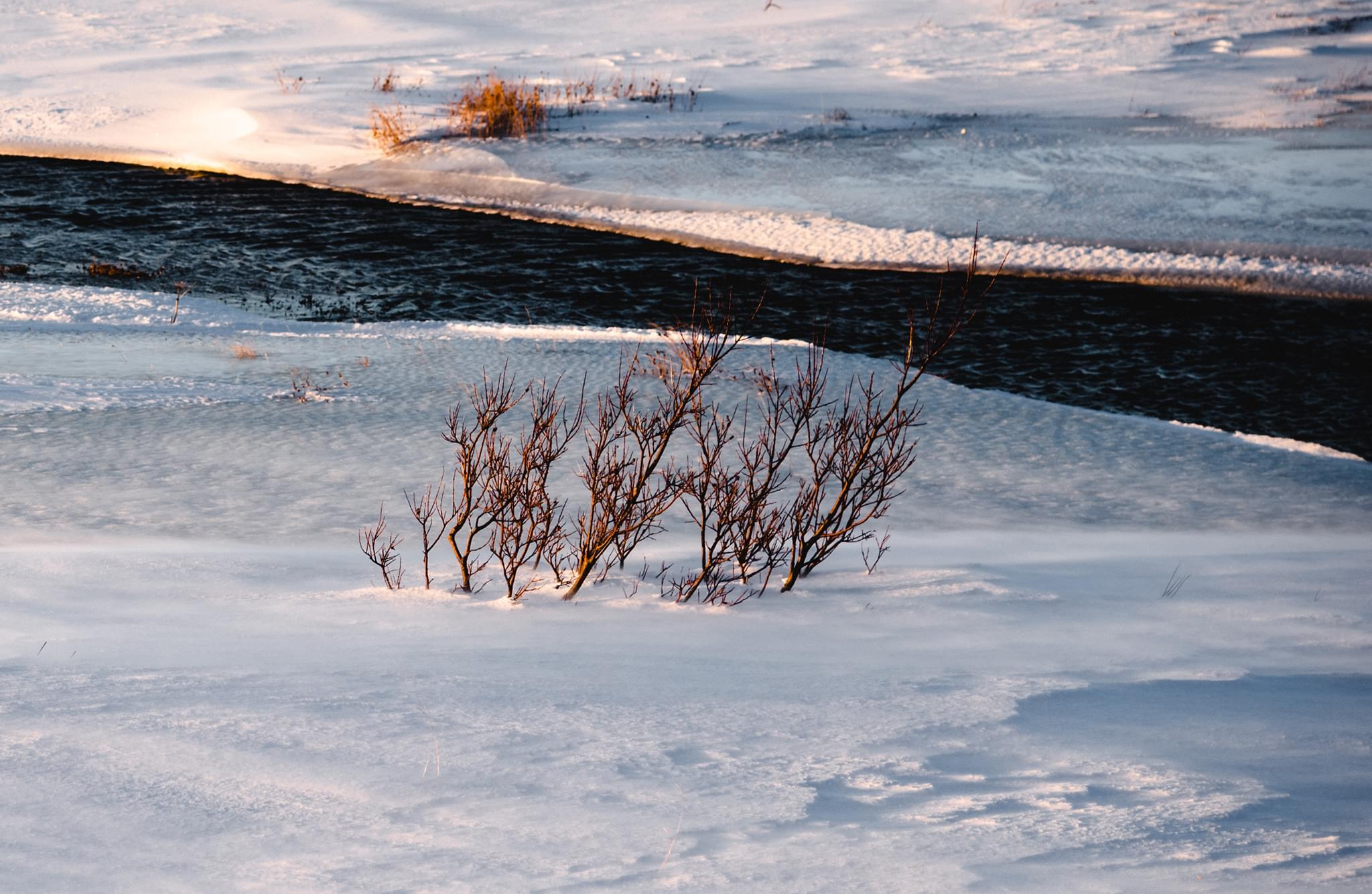 Frozen Icelandic landscape with a river in the background.